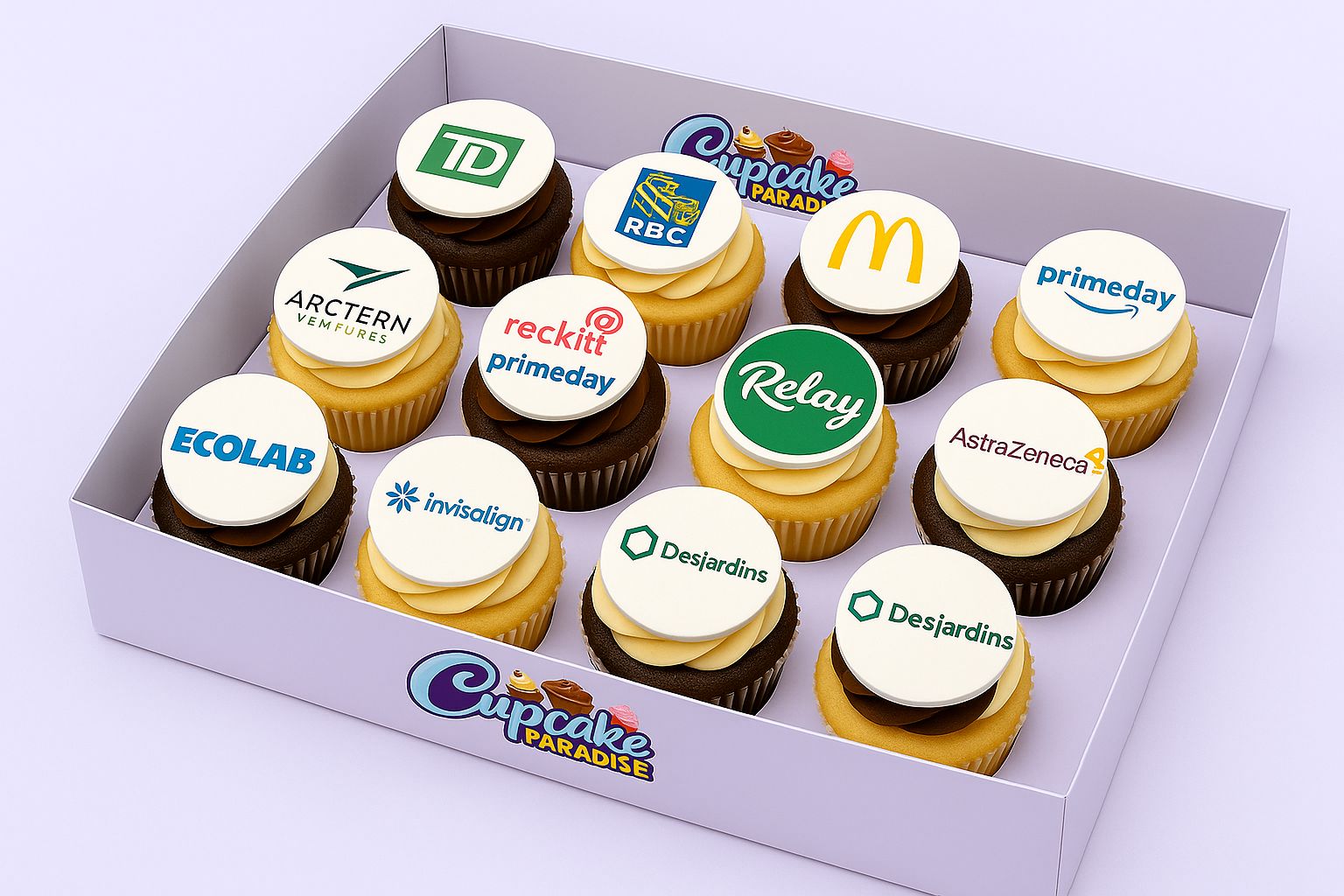 Box of cupcakes with various branded logos on a white background